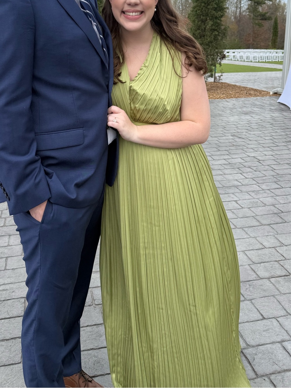 Olive Green Pleated V-Neck Maxi Dress